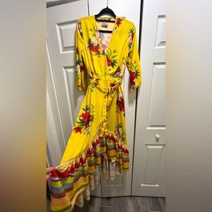 FARM Rio for Anthropologie Mango Yellow with floral wrap dress